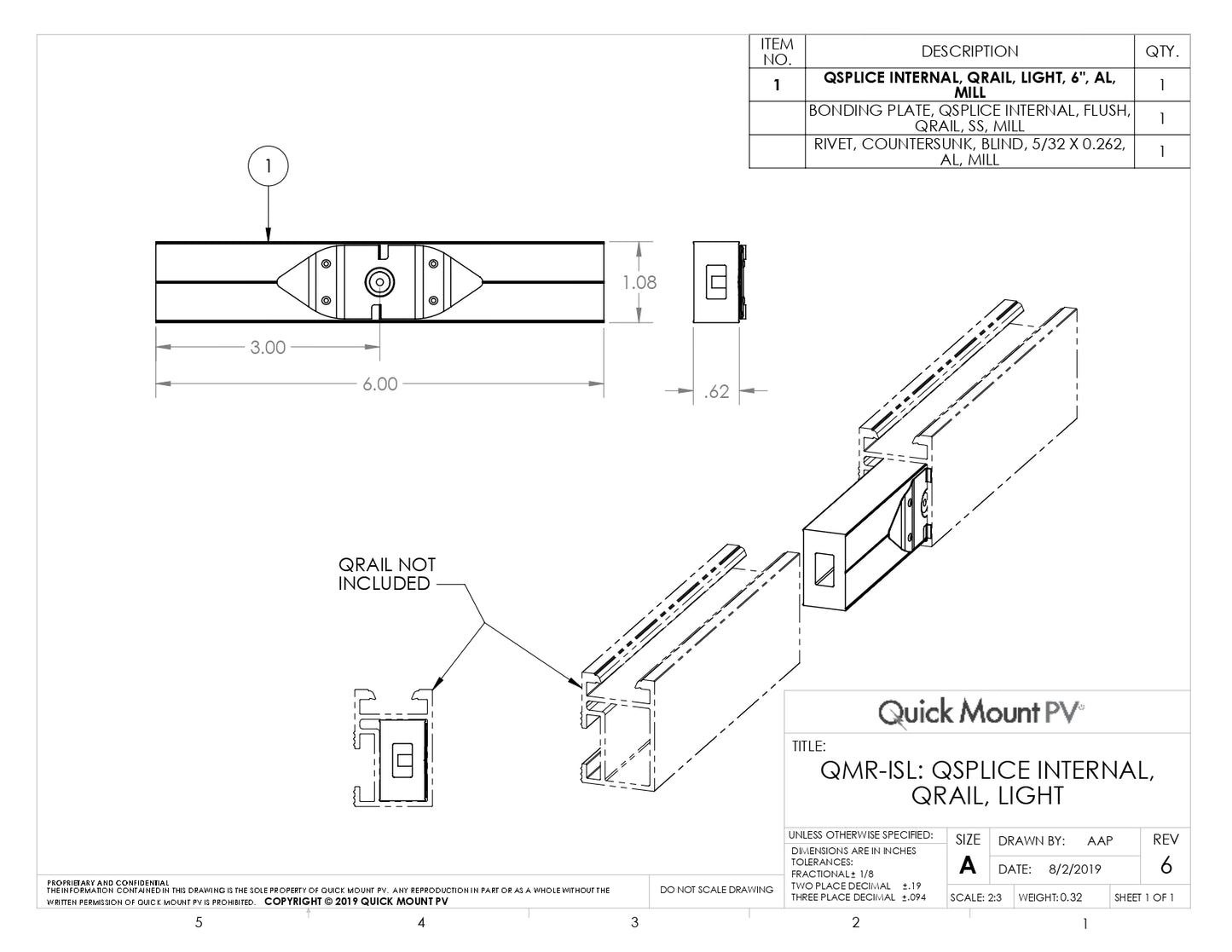 Technical engineering drawing for the QMR-ISS-A-15 splice solar (QSplice Internal, Standard), featuring a dimensional diagram with a 6.00-inch total length and 1.08-inch height. The drawing includes an isometric view demonstrating how the internal splice slides into the QRail Standard profile to provide a structural connection and integrated bonding.