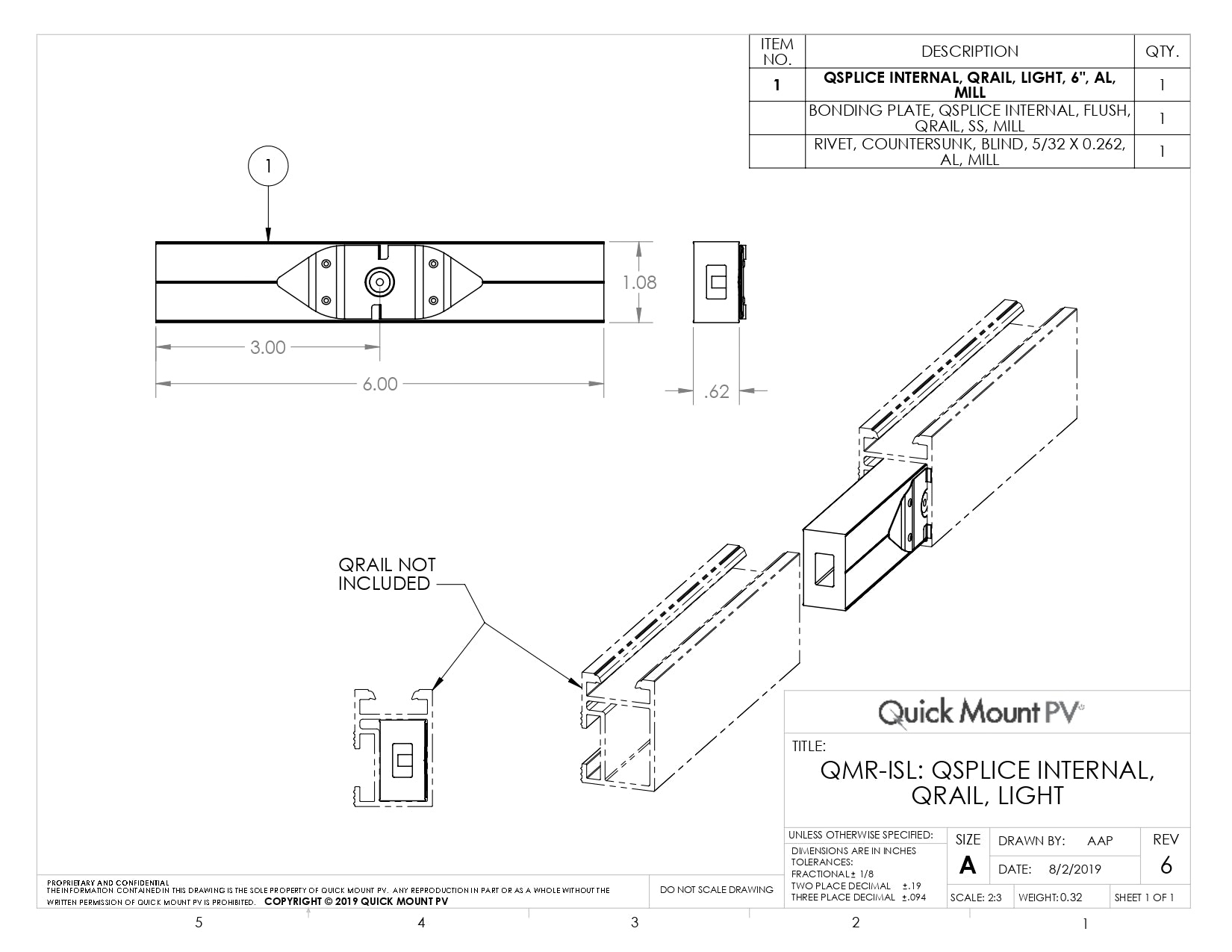 Technical engineering drawing for the QMR-ISS-A-15 splice solar (QSplice Internal, Standard), featuring a dimensional diagram with a 6.00-inch total length and 1.08-inch height. The drawing includes an isometric view demonstrating how the internal splice slides into the QRail Standard profile to provide a structural connection and integrated bonding.
