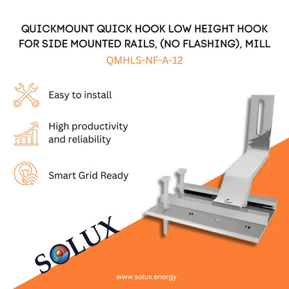 Marketing graphic for the QuickMount Roof Hook for Side Mounted Rails, Mill (QMHLS-NF-A-12), featuring a silver mill-finish aluminum low-profile tile hook assembly designed for side-mounted rails without flashing. The image includes SOLUX branding and icons for easy installation, high productivity/reliability, and smart grid readiness.
