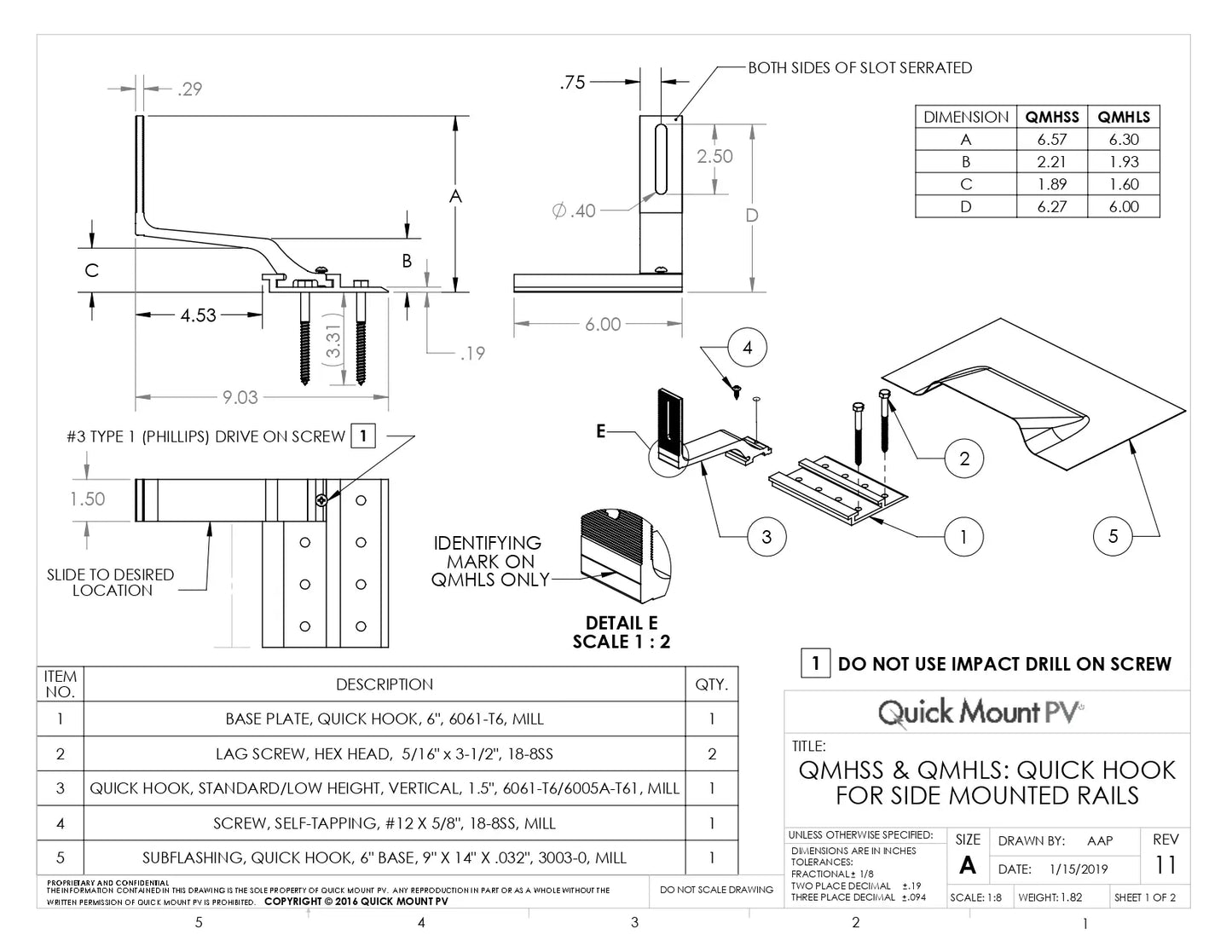 Technical engineering drawing for the QMHSS-NF-A-12 Solar Tile Roof Hook (Quick Hook for Side Mounted Rails), featuring multi-view dimensions and an exploded assembly diagram. The diagram details a 6.57-inch total height (Dimension A) for the QMHSS model, a 6-inch 6061-T6 aluminum base plate, and a 9.03-inch total length, highlighting the serrated slot for vertical rail adjustment.