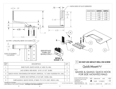 Technical engineering drawing for the QMHSS-NF-A-12 Solar Tile Roof Hook (Quick Hook for Side Mounted Rails), featuring multi-view dimensions and an exploded assembly diagram. The diagram details a 6.57-inch total height (Dimension A) for the QMHSS model, a 6-inch 6061-T6 aluminum base plate, and a 9.03-inch total length, highlighting the serrated slot for vertical rail adjustment.