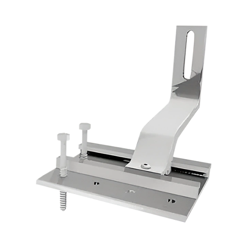 Product image of QMHSS-NF-A-12: 3D rendering of a silver aluminum solar mounting assembly featuring a multi-layered base plate secured with two vertical bolts and an angled offset bracket with a vertical adjustment slot for rail attachment.