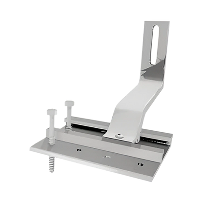 Product image of QMHSS-NF-A-12: 3D rendering of a silver aluminum solar mounting assembly featuring a multi-layered base plate secured with two vertical bolts and an angled offset bracket with a vertical adjustment slot for rail attachment.