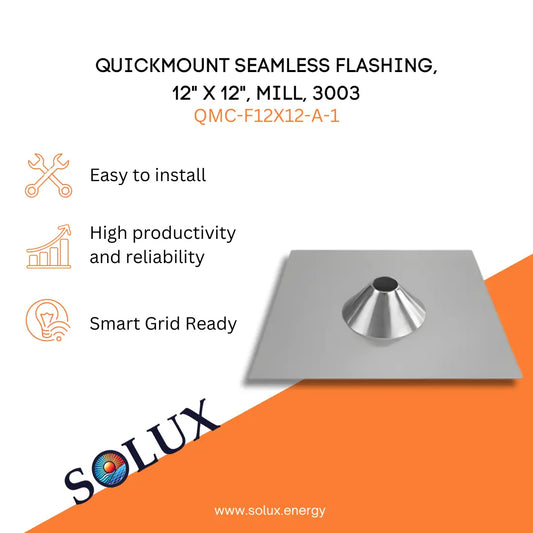 Marketing graphic for the QuickMount Tile Roof Solar Mount Flashing, 12" x 12" (QMC-F12X12-A-1), featuring a square mill-finish 3003 aluminum flashing plate with a centered cone for structural attachment integration. The image includes SOLUX branding and icons for easy installation, high productivity and reliability, and smart grid readiness.
