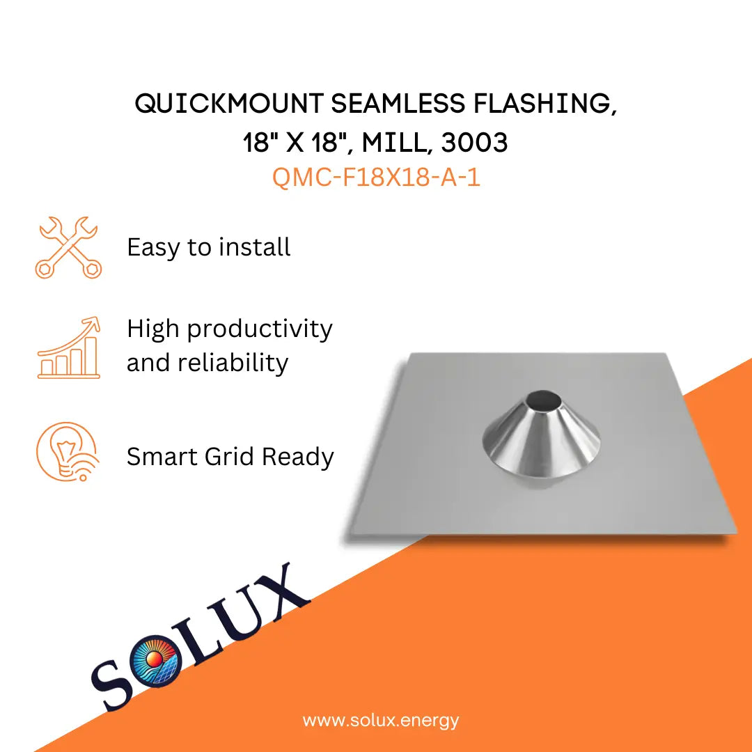 Marketing graphic for the QuickMount Solar Mount Flashing, 18" x 18", Mill, 3003 (QMC-F18X18-A-1), featuring a large square mill-finish aluminum flashing plate with a centered cone for high-clearance structural attachment integration. The image includes SOLUX branding and icons for easy installation, high productivity and reliability, and smart grid readiness.