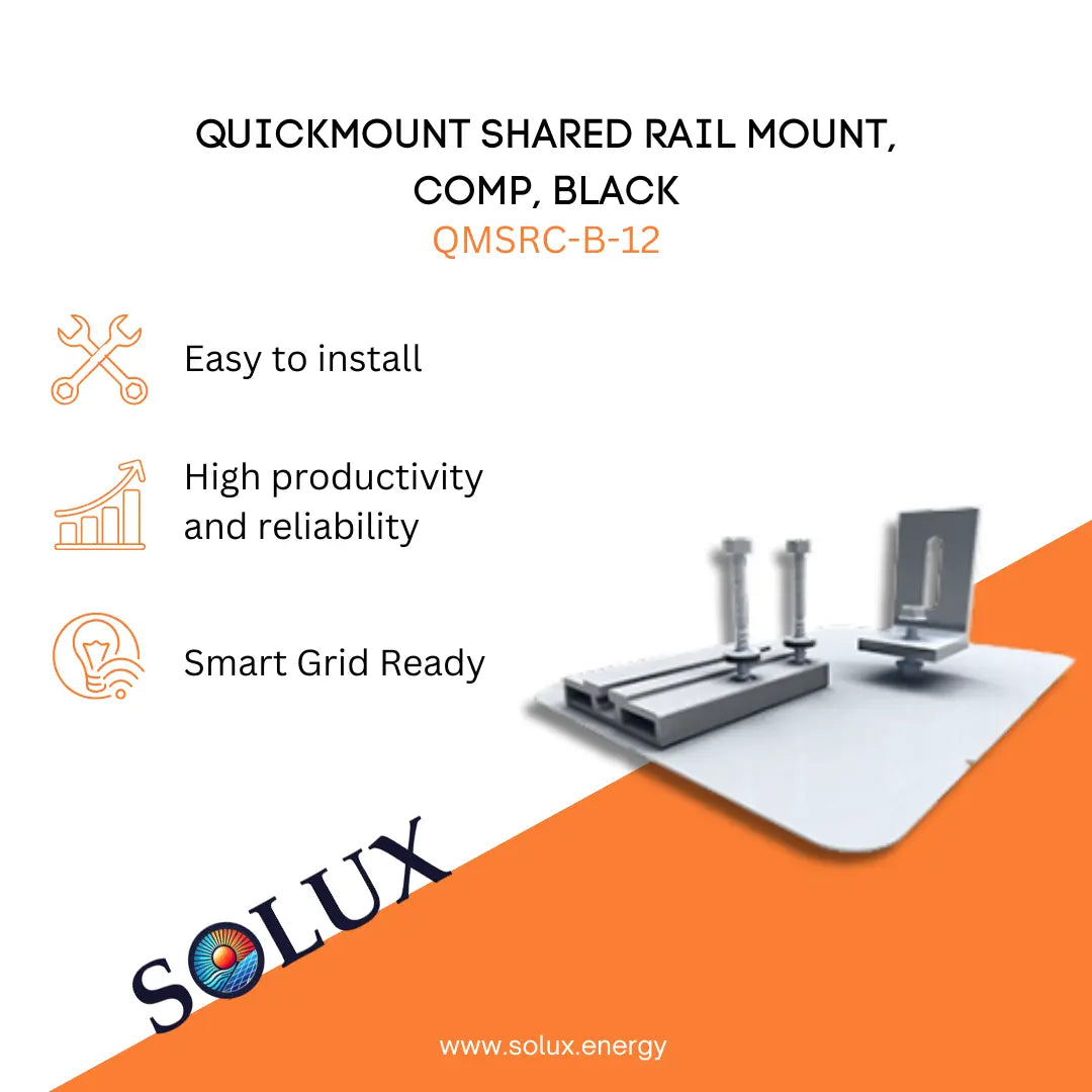 Marketing graphic for the QuickMount Shared Rail Solar Mounting Comp, Black (QMSRC-B-12), featuring a silver-colored shared rail mounting assembly with flashing and an L-foot bracket. The image includes SOLUX branding and icons for easy installation, high productivity and reliability, and smart grid readiness.