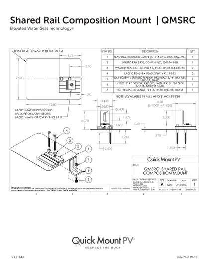Technical engineering drawing for the QMSRC-B-12 Fewer Roof Penetrations (Shared Rail Composition Mount), detailing a 9" x 12" flashing plate with rounded corners and an integrated shared rail base. The diagram includes dimensional views showing a 3.438-inch total height, a 4.50-inch L-foot adjustment range, and an exploded view of the assembly including dual lag screws, sealing washers, and a 6061-T6 aluminum L-foot.