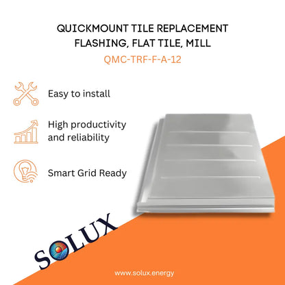 QuickMount Roof Tile Flashing, Flat Tile, Mill (QMC-TRF-F-A-12) product graphic with SOLUX brand logo.