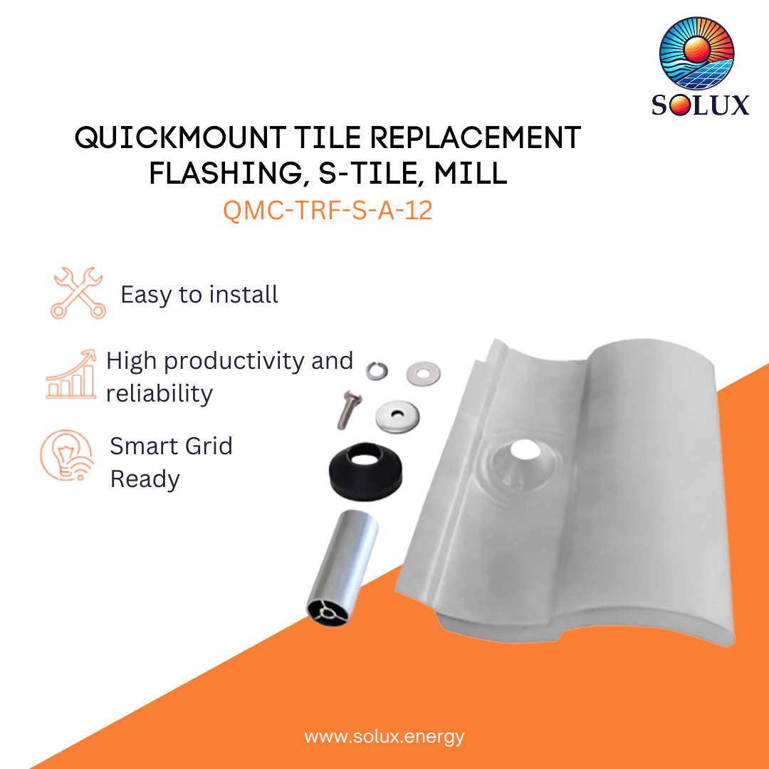 Marketing graphic for the Quick Mount Tile Replacement Flashing, S-Tile, Mill (QMC-TRF-S-A-12), featuring a silver mill-finish aluminum S-tile replacement flashing plate alongside its assembly components: a support post, EPDM counter-flashing collar, and stainless steel hardware. The image includes SOLUX branding and icons for easy installation, high productivity and reliability, and smart grid readiness.