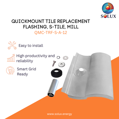 Marketing graphic for the Quick Mount Tile Replacement Flashing, S-Tile, Mill (QMC-TRF-S-A-12), featuring a silver mill-finish aluminum S-tile replacement flashing plate alongside its assembly components: a support post, EPDM counter-flashing collar, and stainless steel hardware. The image includes SOLUX branding and icons for easy installation, high productivity and reliability, and smart grid readiness.