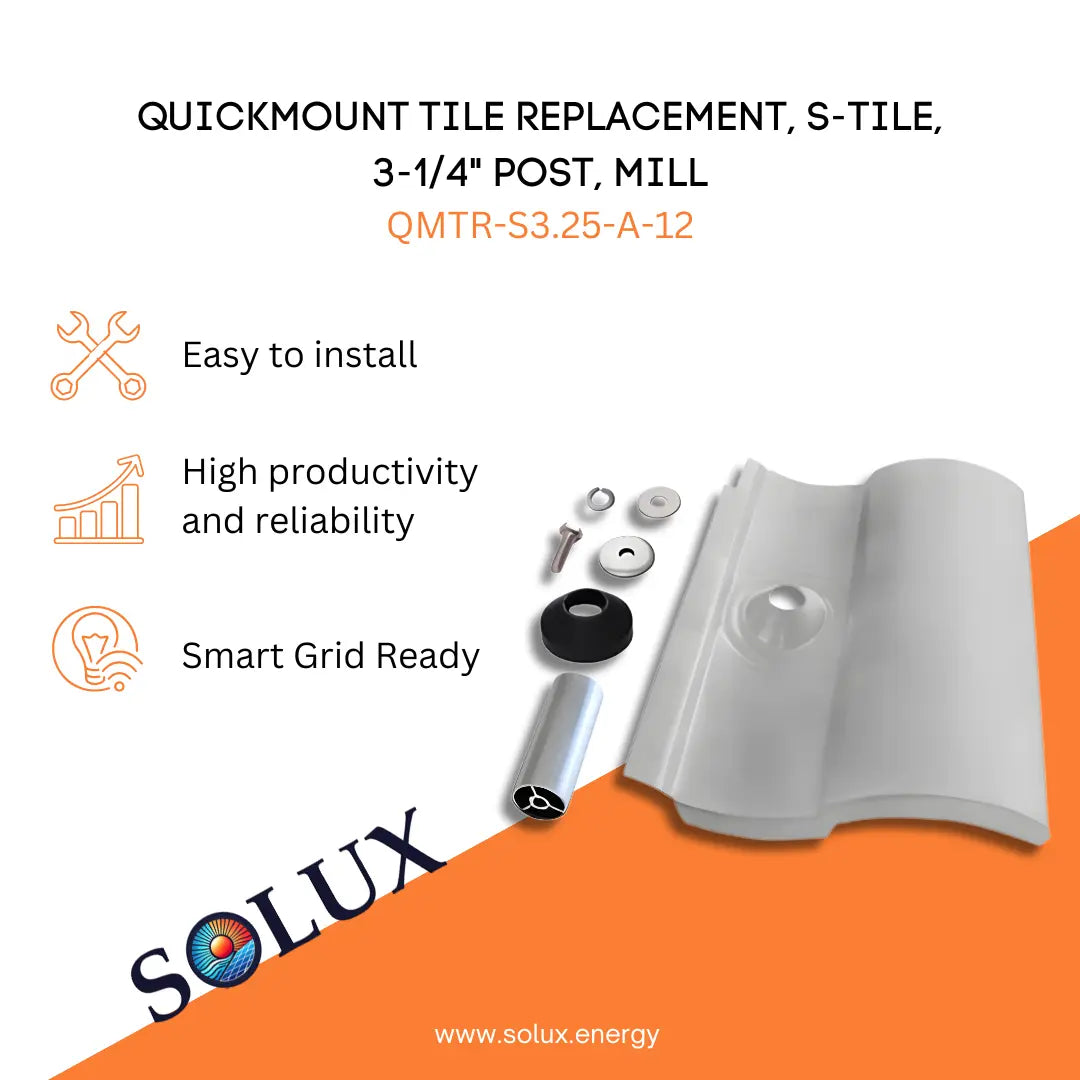 Marketing graphic for the QuickMount Tile Roofing Replacement S-Tile, Mill (QMTR-S3.25-A-12), featuring a mill-finish aluminum S-Tile replacement flashing, a 3-1/4" post, and mounting hardware including an EPDM collar and sealing washers. The image includes SOLUX branding and icons for easy installation, high productivity/reliability, and smart grid readiness.