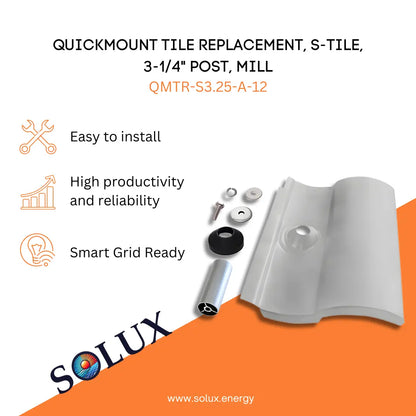 Marketing graphic for the QuickMount Tile Roofing Replacement S-Tile, Mill (QMTR-S3.25-A-12), featuring a mill-finish aluminum S-Tile replacement flashing, a 3-1/4" post, and mounting hardware including an EPDM collar and sealing washers. The image includes SOLUX branding and icons for easy installation, high productivity/reliability, and smart grid readiness.