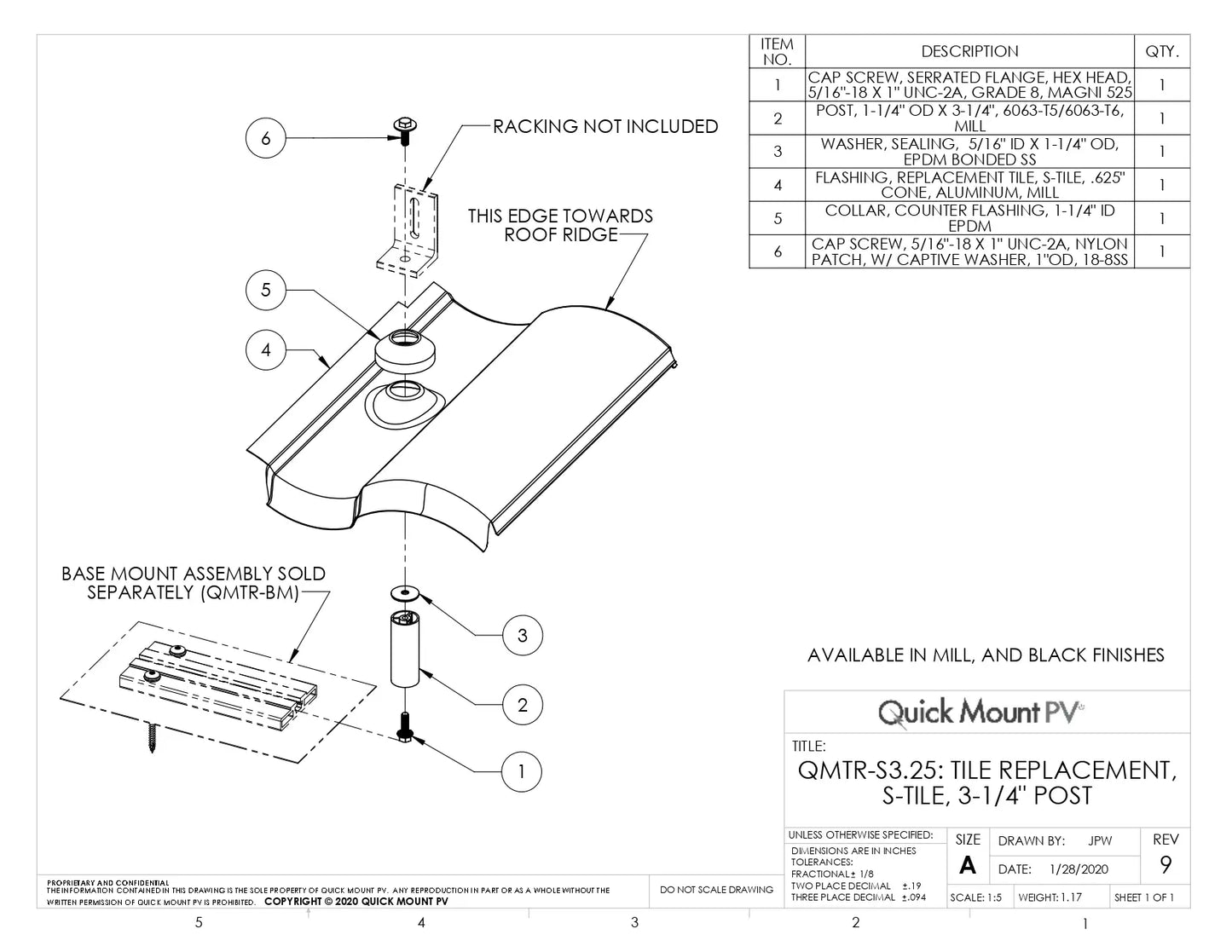 Technical engineering drawing for the QMTR-S3.25-A-12 QuickMount S-Tile Flashing, featuring an exploded assembly view of the replacement tile mount system. The diagram details a 3-1/4" post, an aluminum S-Tile replacement flashing, EPDM counter-flashing collar, and a serrated flange cap screw for integration with a base mount assembly (QMTR-BM).