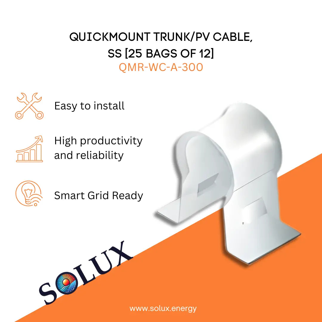 Marketing graphic for the QuickMount PV Cable QMR-WC-A-300, SS [25 bags of 12], featuring a silver stainless steel wire management clip designed to secure trunk cables and PV wires to solar racking. The image includes SOLUX branding and icons for easy installation, high productivity and reliability, and smart grid readiness.