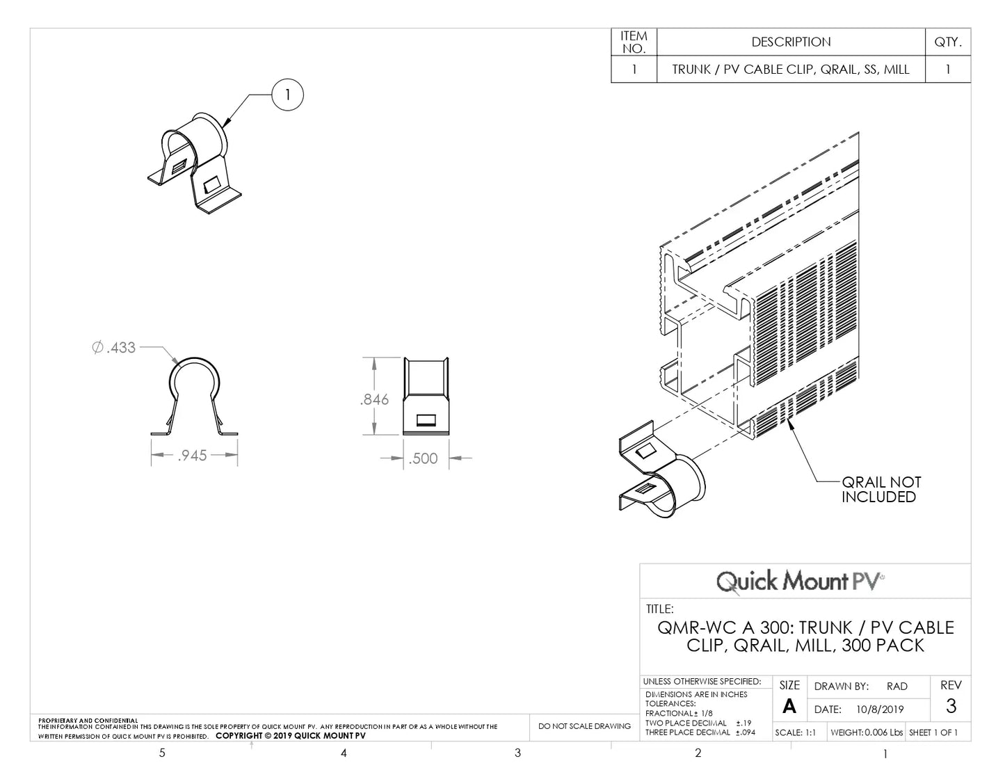 Technical engineering drawing for the QMR-WC-A-300 Solar Wire Management Clips (Trunk / PV Cable Clip, QRail, Mill), featuring multi-view dimensions and a diagram of the clip mounting onto a QRail section. The document specifies a .433-inch internal diameter for the cable loop, a .945-inch base width, and a .846-inch height, noting that the 304 stainless steel clips are sold in a 300-pack.