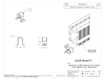 Technical engineering drawing for the QMR-WC-A-300 Solar Wire Management Clips (Trunk / PV Cable Clip, QRail, Mill), featuring multi-view dimensions and a diagram of the clip mounting onto a QRail section. The document specifies a .433-inch internal diameter for the cable loop, a .945-inch base width, and a .846-inch height, noting that the 304 stainless steel clips are sold in a 300-pack.