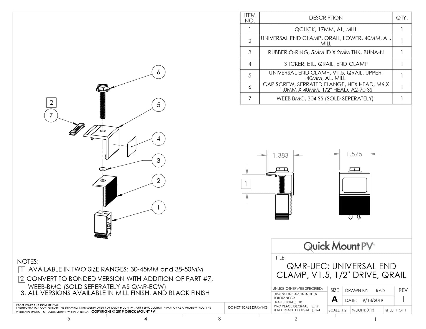 Technical product guide for the QMR-UEC3045-A-20 Mill Finish Universal End Clamp, featuring a silver-colored bonded hardware component with QClick™ Technology. The guide specifies compatibility for module frame sizes between 30-45mm and notes its availability in a 20-pack.