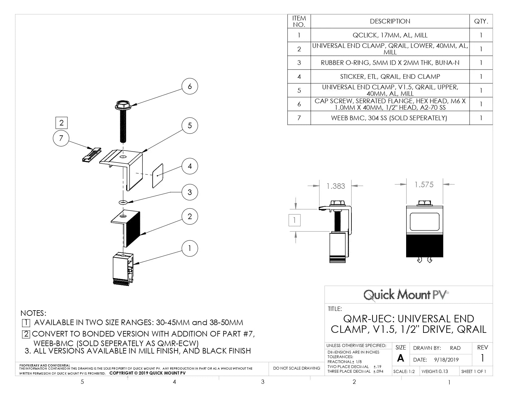 Technical product guide for the QMR-UEC3045-A-20 Mill Finish Universal End Clamp, featuring a silver-colored bonded hardware component with QClick™ Technology. The guide specifies compatibility for module frame sizes between 30-45mm and notes its availability in a 20-pack.