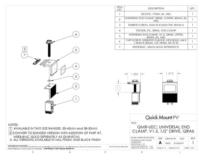 Technical product guide for the QMR-UEC3045-A-20 Mill Finish Universal End Clamp, featuring a silver-colored bonded hardware component with QClick™ Technology. The guide specifies compatibility for module frame sizes between 30-45mm and notes its availability in a 20-pack.