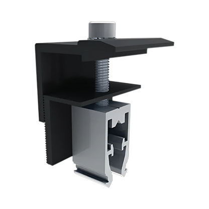 Product image QMR-UEC3045-A-20: 3D rendering of a silver end clamp with a black bracket, spring, and rail attachment nut.