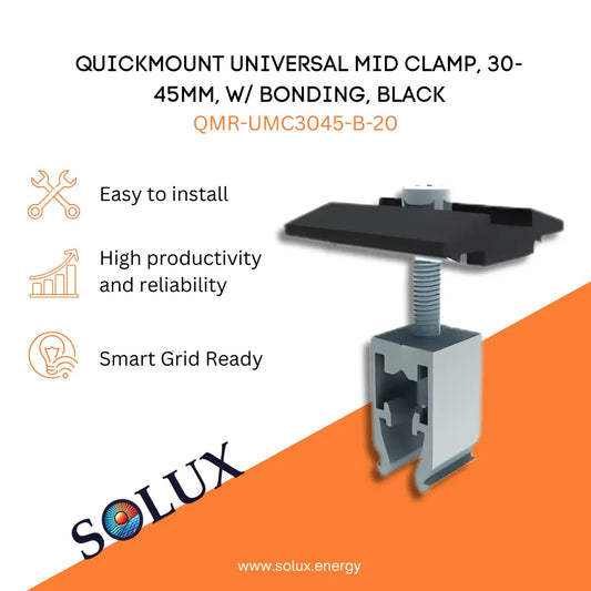 Marketing graphic for the QuickMount IronRidge Mid Clamp 30-45mm, w/ Bonding, Black (QMR-UMC3045-B-20), featuring a black-anodized aluminum mid-clamp assembly with integrated bonding and compatibility for module frames between 30-45mm. The image includes SOLUX branding and icons for easy installation, high productivity/reliability, and smart grid readiness.