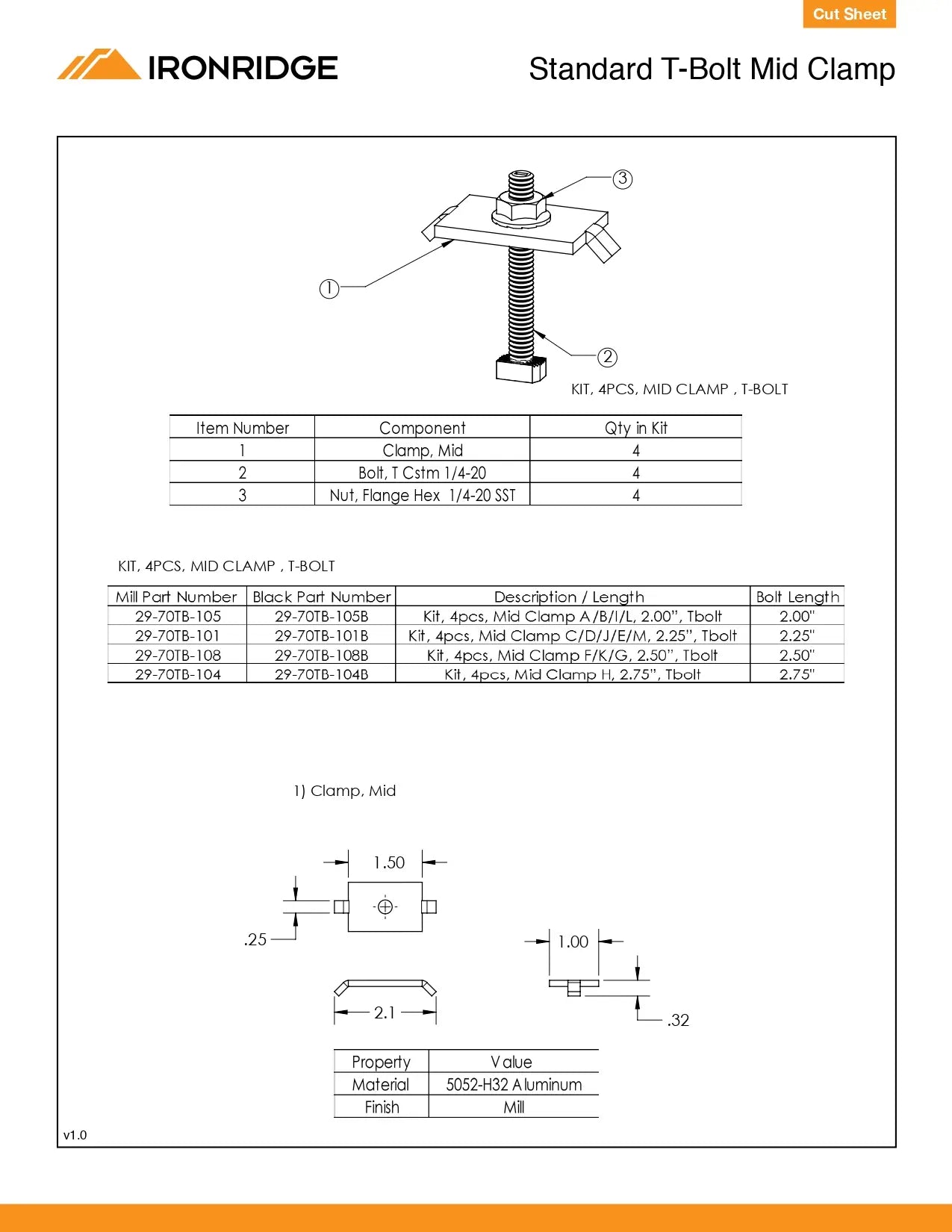 Technical cut sheet for the QMR-UMC3045-B-20 30-45mm Solar Clamp (IronRidge Standard T-Bolt Mid Clamp), featuring an exploded view of the clamp assembly and dimensional drawings (1.50" width, 2.1" length, 0.32" height). Includes a table for kit options with bolt lengths from 2.00 to 2.75 inches for varied module frame heights.