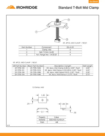 Technical cut sheet for the QMR-UMC3045-B-20 30-45mm Solar Clamp (IronRidge Standard T-Bolt Mid Clamp), featuring an exploded view of the clamp assembly and dimensional drawings (1.50" width, 2.1" length, 0.32" height). Includes a table for kit options with bolt lengths from 2.00 to 2.75 inches for varied module frame heights.