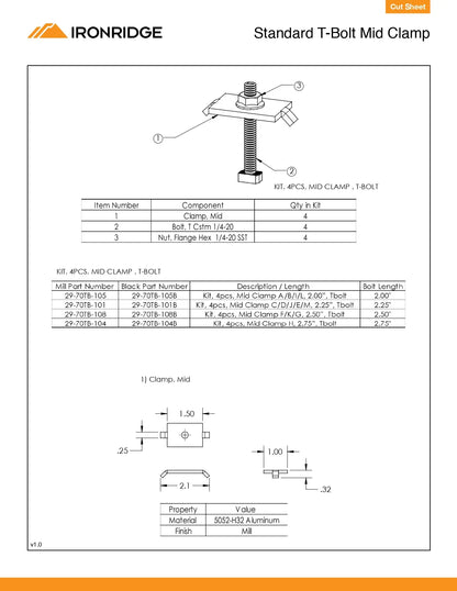 Technical cut sheet for the QMR-UMC3045-B-20 30-45mm Solar Clamp (IronRidge Standard T-Bolt Mid Clamp), featuring an exploded view of the clamp assembly and dimensional drawings (1.50" width, 2.1" length, 0.32" height). Includes a table for kit options with bolt lengths from 2.00 to 2.75 inches for varied module frame heights.