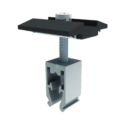 Product image of QMR-UMC3045-B-20: 3D rendering of a black universal mid clamp with a silver bolt, spring, and rail attachment nut.