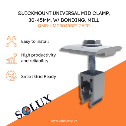 Marketing graphic for the QuickMount Universal Mid Clamp (QMR-UMC3045BP1.2A20), featuring a mill-finish aluminum mid-clamp assembly with integrated bonding and compatibility for module frames between 30-45mm. The image includes SOLUX branding and icons for easy installation, high productivity/reliability, and smart grid readiness.