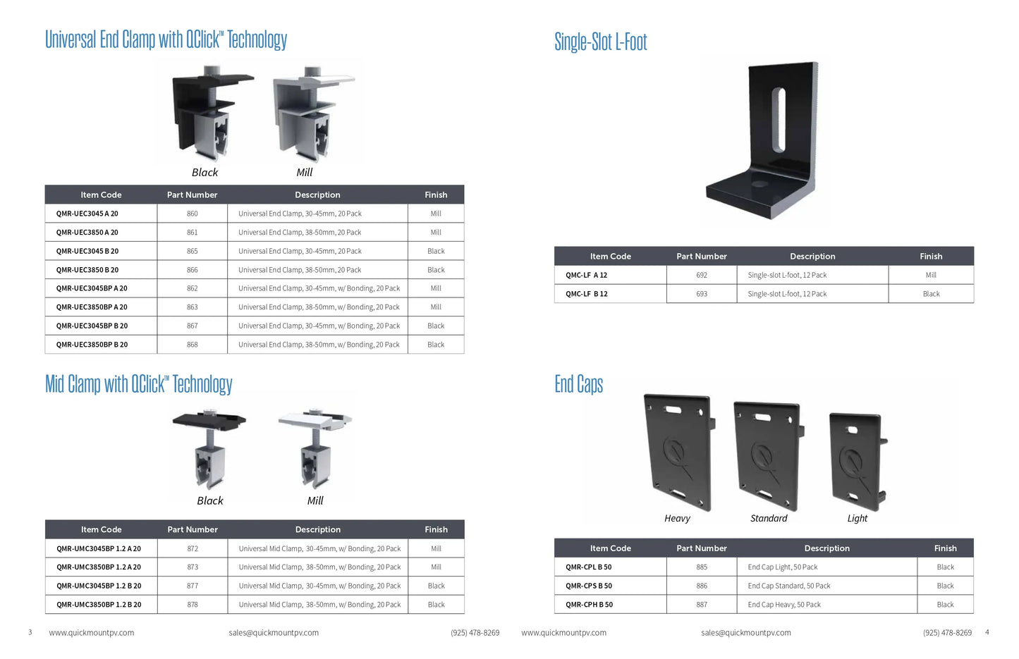 Technical product table for the QMR-UMC3045BP1.2A20 ironridge mid clamps (Universal Mid Clamp with QClick™ Technology), specified as a 20-pack of mill-finish clamps with integrated bonding for 30–45mm module frames.