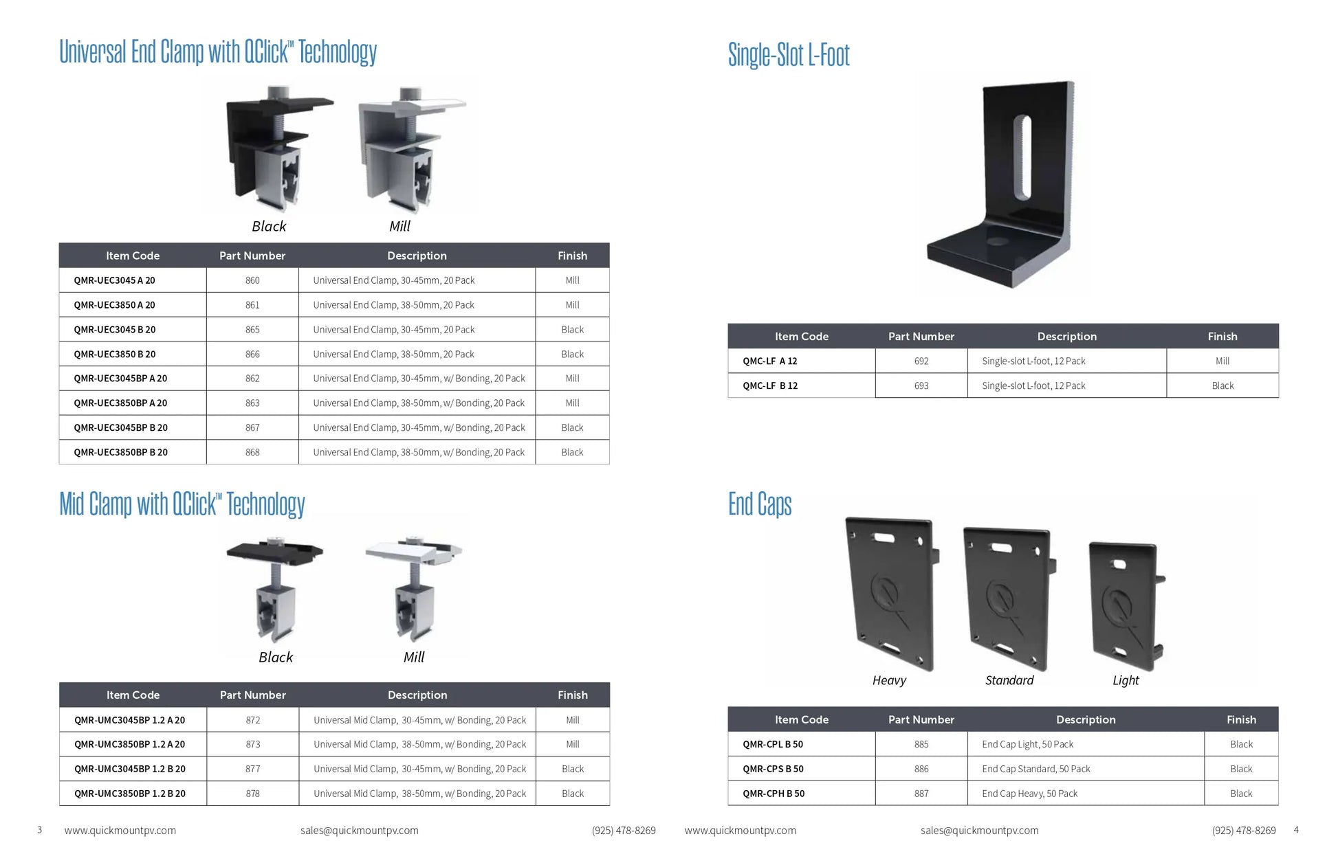 Technical product table for the QMR-UMC3045BP1.2A20 ironridge mid clamps (Universal Mid Clamp with QClick™ Technology), specified as a 20-pack of mill-finish clamps with integrated bonding for 30–45mm module frames.