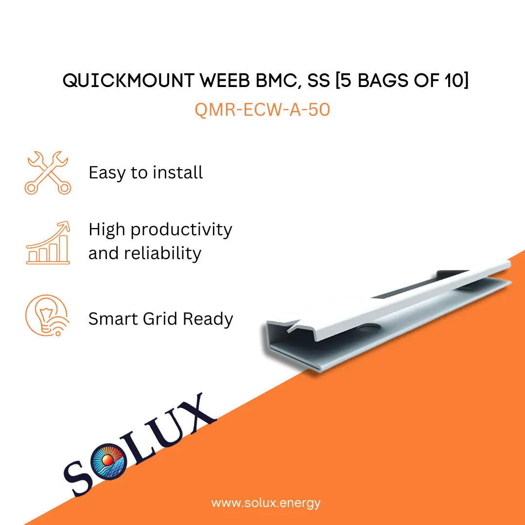 Marketing graphic for the QuickMount WEEB Washer BMC, SS [5 bags of 10] (QMR-ECW-A-50), featuring a stainless steel (SS) bonding washer designed to create a reliable electrical path between solar modules and racking.png]. The image includes SOLUX branding and icons for easy installation, high productivity and reliability, and smart grid readiness