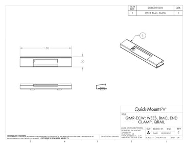 Technical engineering drawing for the QMR-ECW-A-50 IronRidge WEEB-BMC (WEEB, BMC, End Clamp, QRail), featuring multi-view dimensions and a 3D isometric diagram. The document specifies a 1.50-inch length and .30-inch width for the 304 stainless steel bonding clip, designed to provide electrical grounding between solar modules and the QRail system.