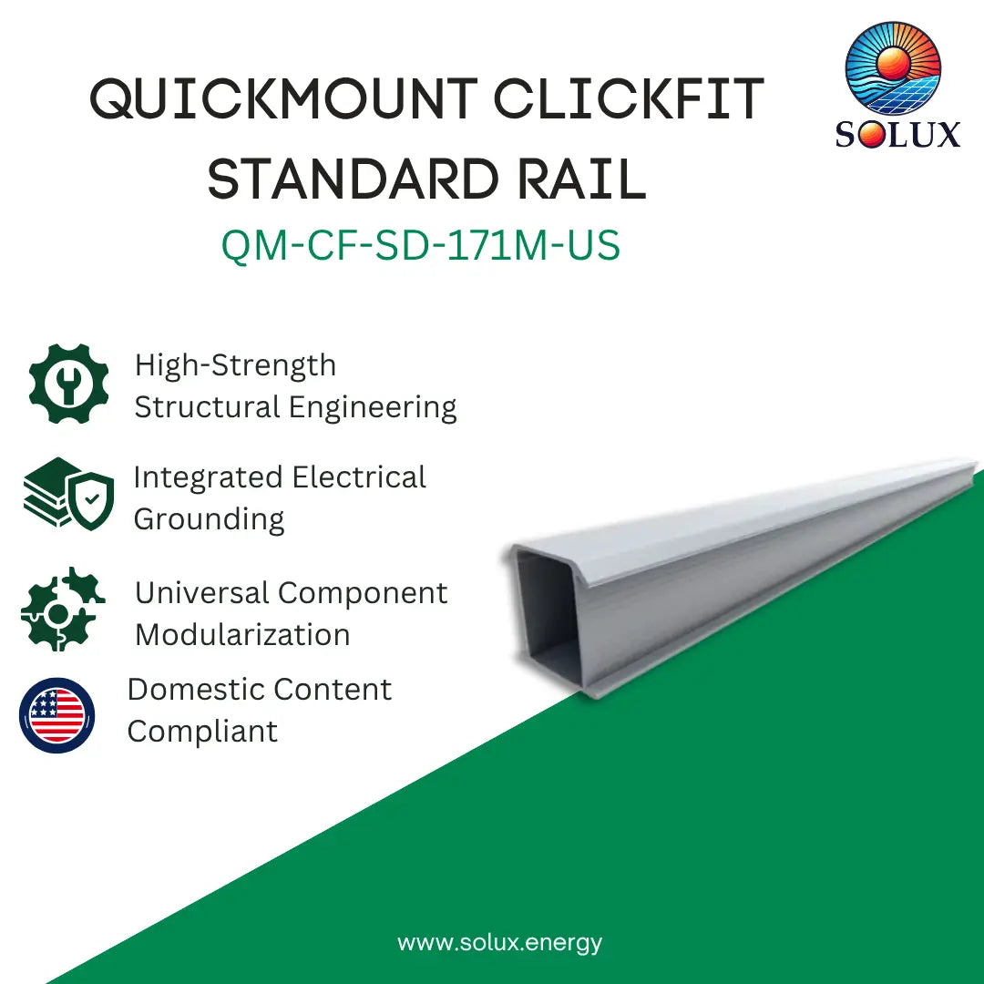 Promotional graphic for Solux Quickmount Clickfit Standard Rail QM-CF-SD-171M-US, showing a silver aluminum rail profile on a white and green background with feature callouts.