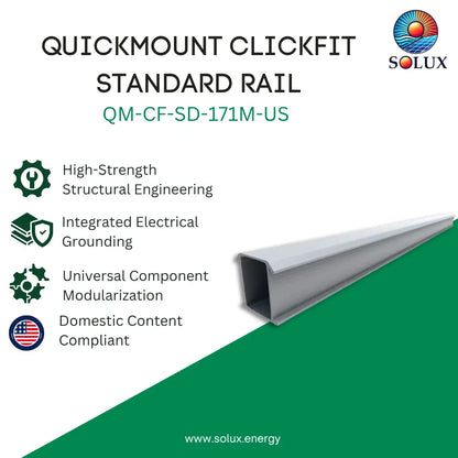 Promotional graphic for Solux Quickmount Clickfit Standard Rail QM-CF-SD-171M-US, showing a silver aluminum rail profile on a white and green background with feature callouts.