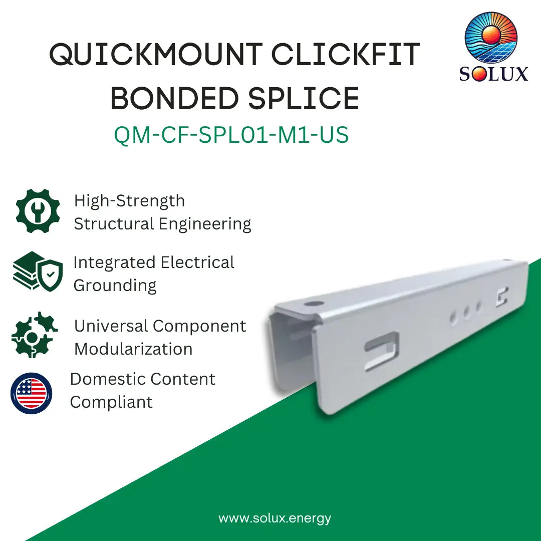 SOLUX Quickmount Clickfit Bonded Spline product listing graphic. The image features a silver metal clickfit spline component on the right, with text highlighting key features like high-strength structural engineering, integrated electrical grounding, and universal component modularization on the left, set against a split white and green background.