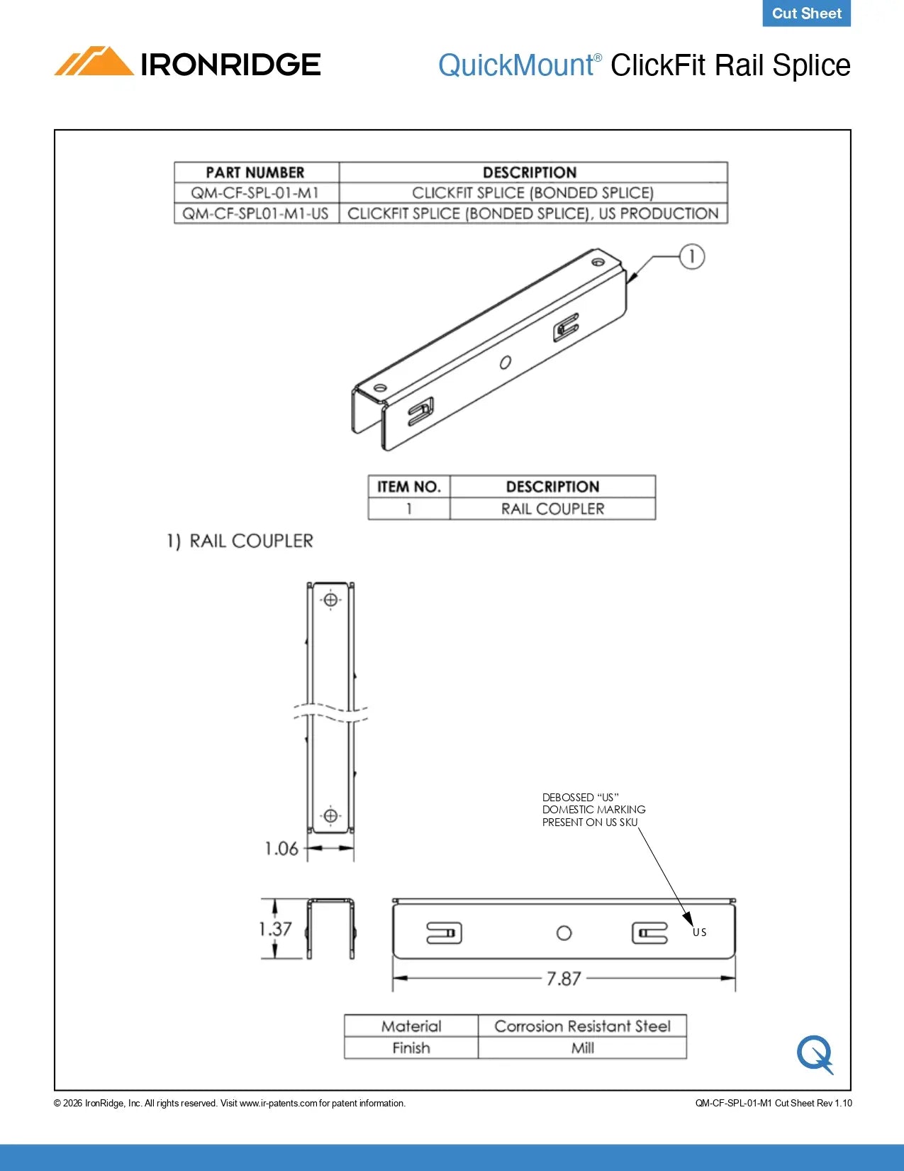 Technical specification sheet for an IronRidge QuickMount ClickFit Rail Splice, showing line drawings of the rail coupler with dimensions, part number QM-CF-SPLC-M1, and material specified as corrosion resistant steel.