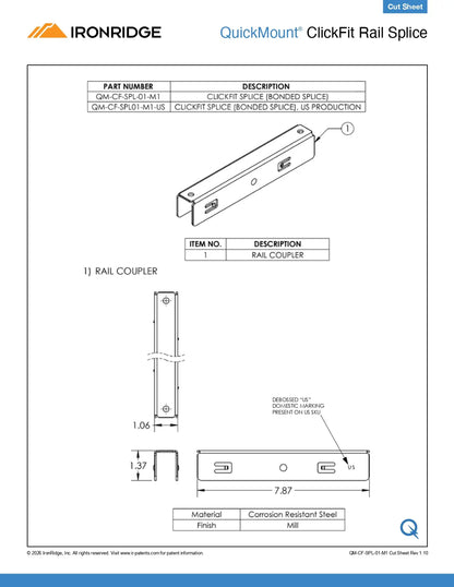 Technical specification sheet for an IronRidge QuickMount ClickFit Rail Splice, showing line drawings of the rail coupler with dimensions, part number QM-CF-SPLC-M1, and material specified as corrosion resistant steel.