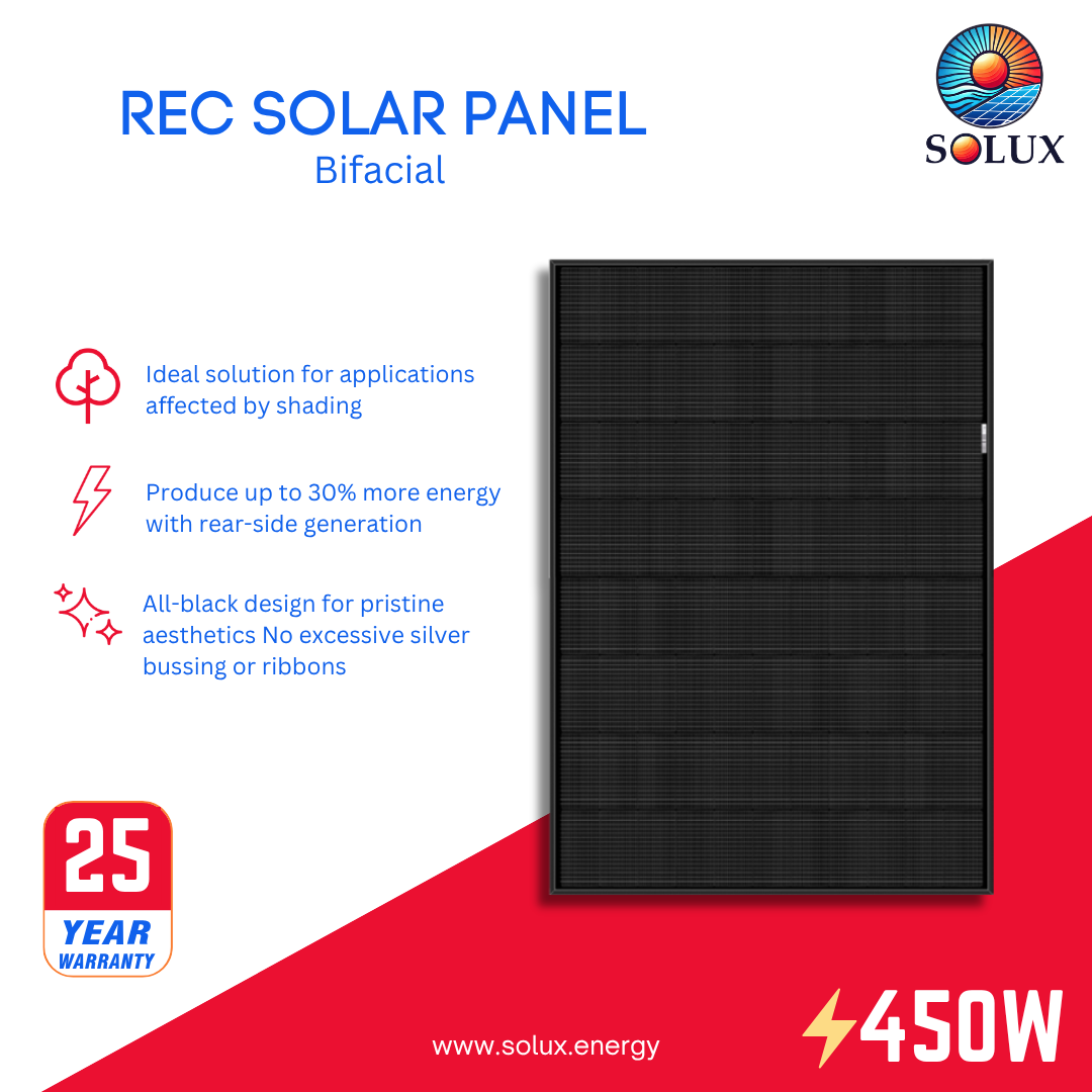 This is an image of REC 450 Watt Solar Panel All Black Bifacial