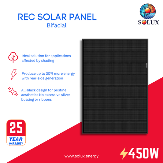 This is an image of REC 450 Watt Solar Panel All Black Bifacial