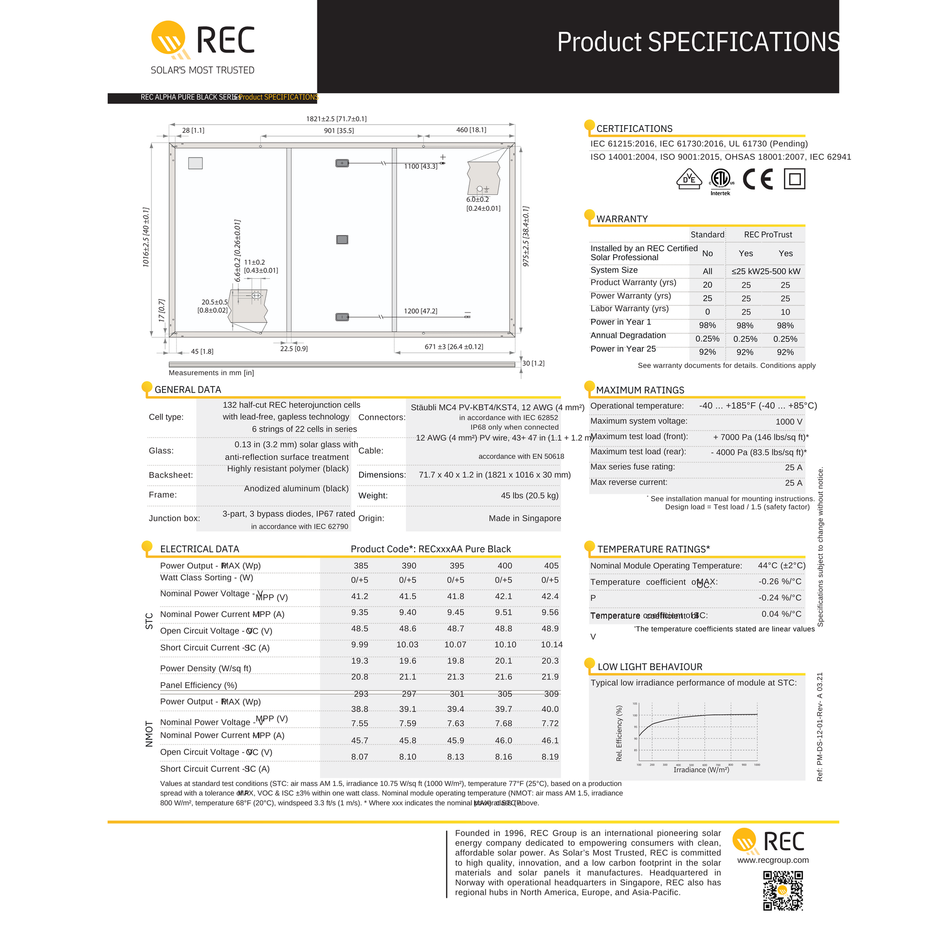 REC Alpha Pure Solar Panel REC400AA-PURE Specs