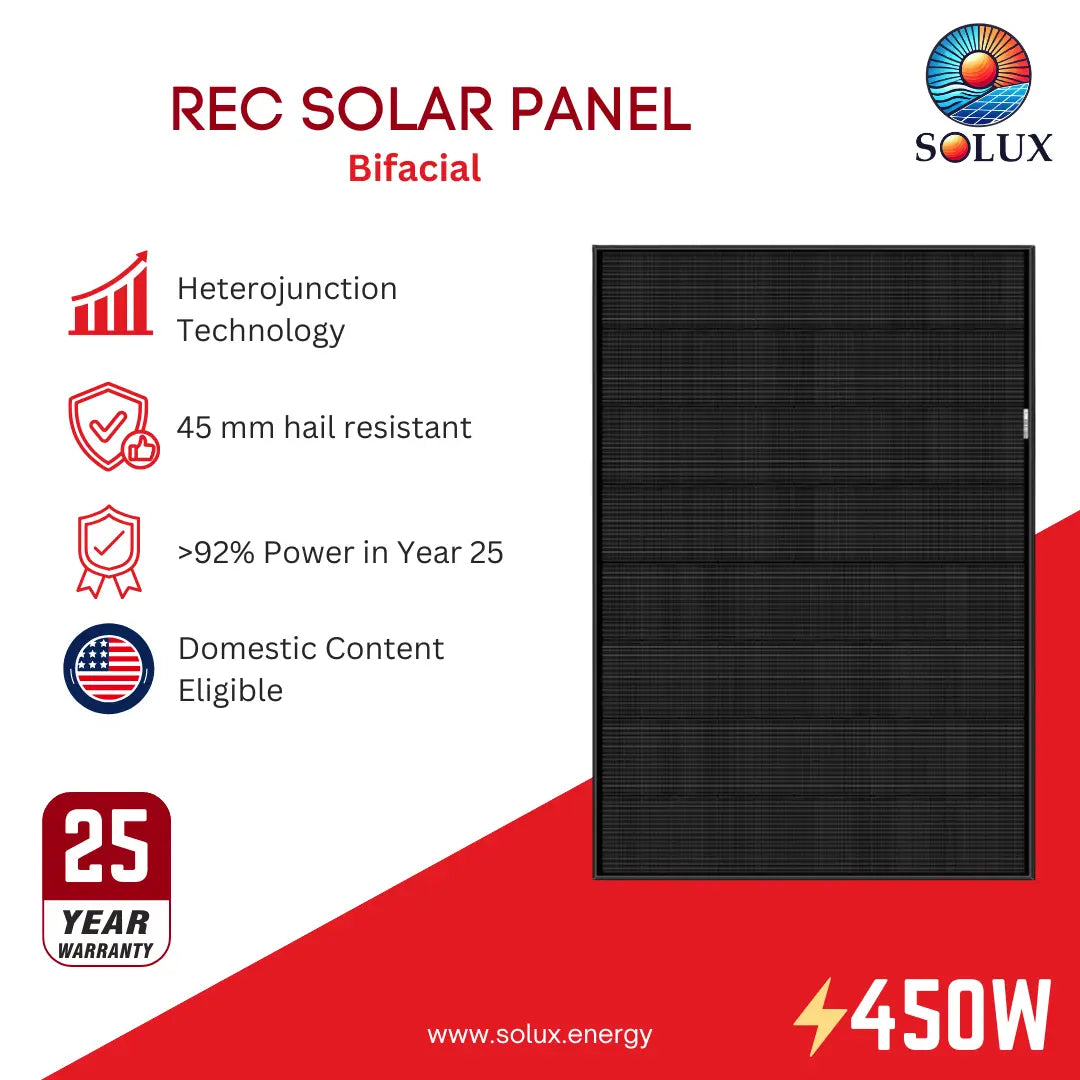 This is an image of REC Solar REC450AA-PURE-RX 450Watt Bifacial Solar Panel