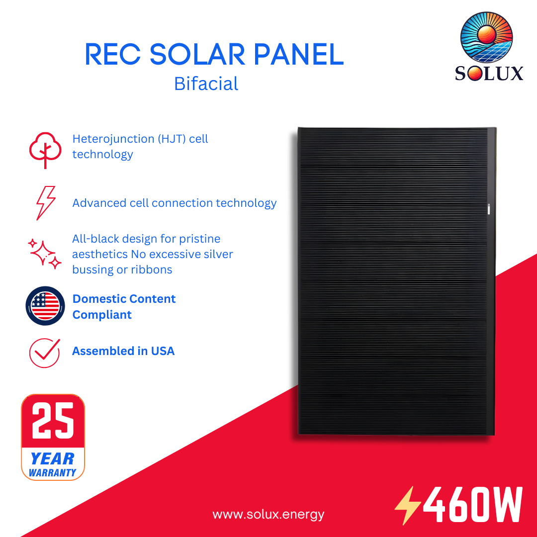 REC 460 PURE RX REC460AA-PURE-RX-DC - Domestic Content, all-black 460W bifacial HJT solar panel, assembled in USA.