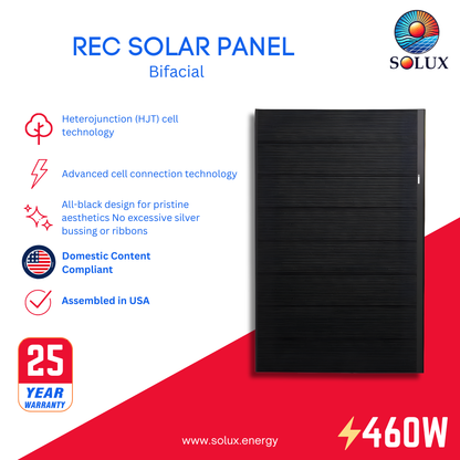 REC 460 PURE RX REC460AA-PURE-RX-DC - Domestic Content, all-black 460W bifacial HJT solar panel, assembled in USA.