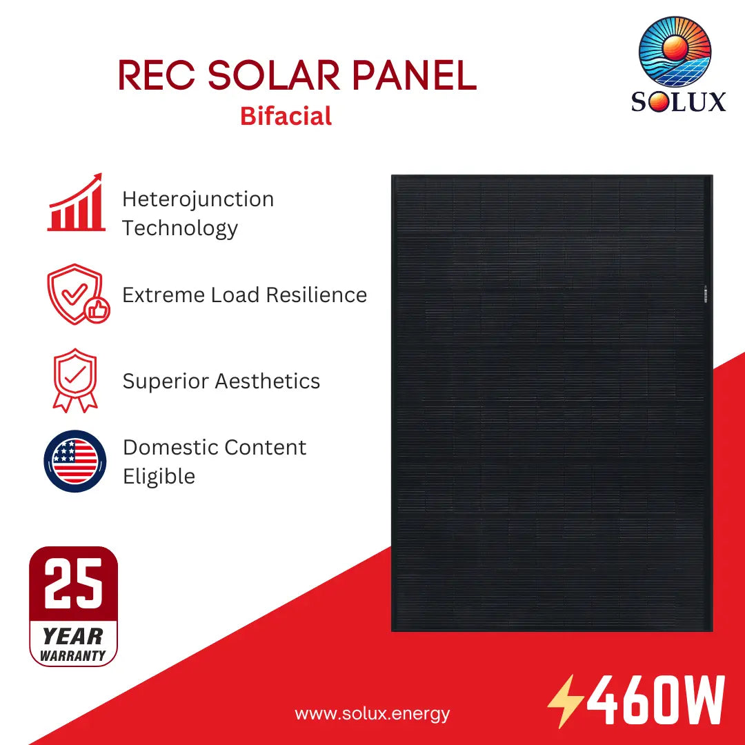 This is an image of REC Solar REC460AA-PURE-RX-DC 460 Watt Solar Panels - DC