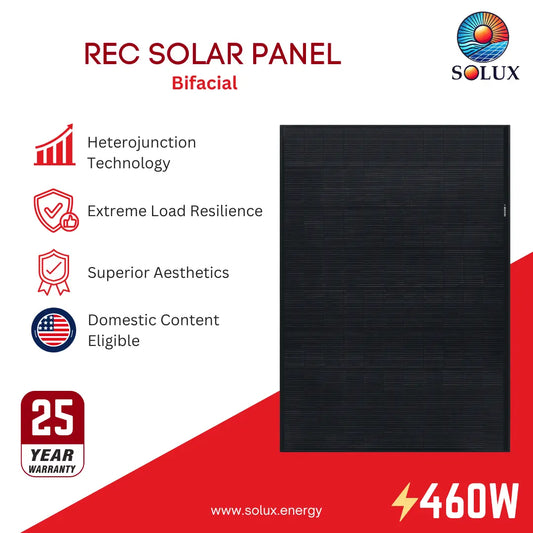 This is an image of REC Solar REC460AA-PURE-RX-DC 460 Watt Solar Panels - DC