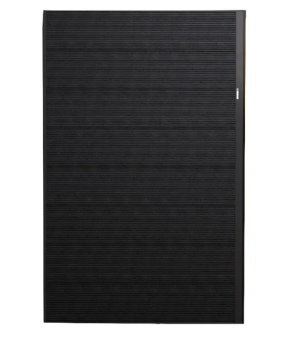 Product image REC460AA-PURE-RX-DC, showing an aesthetic, all-black, rectangular solar panel with fine cell lines on a white background.