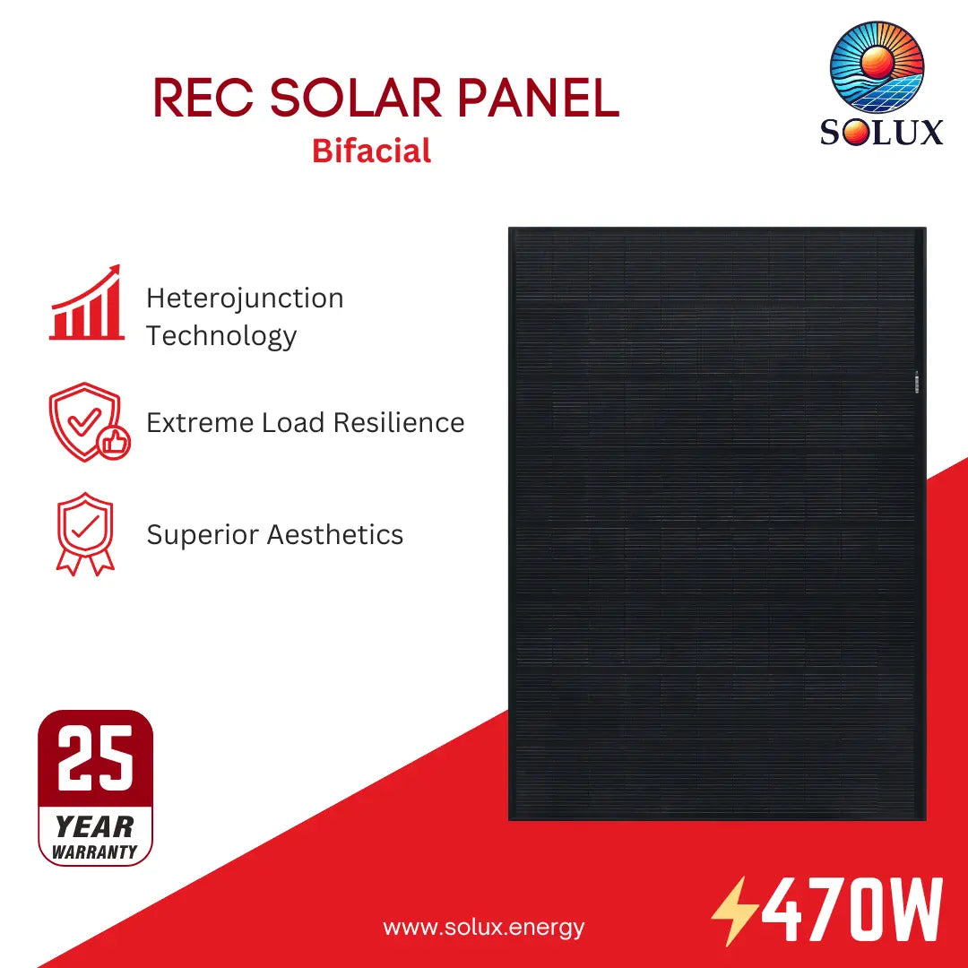 This is an image of REC Solar REC470AA-PURE-RX 470W HJT BLK/BLK Solar Panel