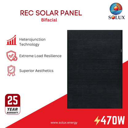This is an image of REC Solar REC470AA-PURE-RX 470W HJT BLK/BLK Solar Panel